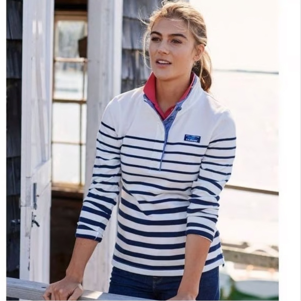 LL Bean Women's Striped Navy and White Top